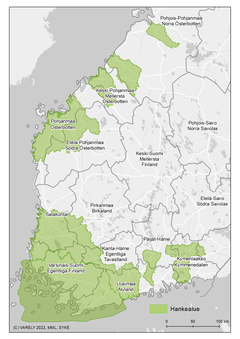 Kartalla näkyvät vihreänä alueet, joilla on kipsitukikelpoisia peltoja. Saaristomeren vaikutusalue on rajattu.