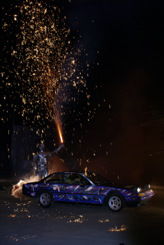 Ferrari 400i in flames by Heiko Saxo, Golden Hearts Never Die?