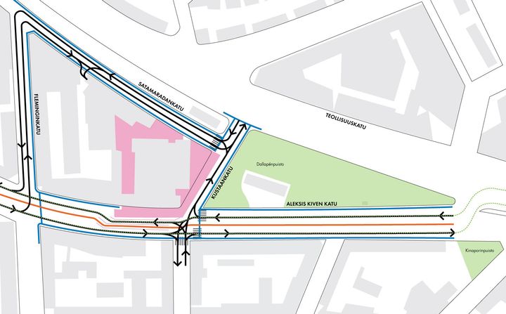 Karttakuva reittimuutoksista. Kuva: NCC Suomi Oy