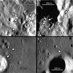 Kuva 3. Irtolohkareita Merkuriuksessa. (a, b) lohkareita nuoren, suuren (~35 km) kraatterin pohjalla; nuolet osoittavat esimerkkeihinlohkareista; MDIS NAC -kuvat CN1067123658M ja CN1067123664M; (c) kaksi lohkaretta (nuolet) pienen (~0,3 km) kraatterin yhteydessä, MDIS NAC -kuva CN1066646986M; (d) yksittäinen lohkare (nuoli) lähellä pienen (~0,4 km) kraatterin reunaa, MDIS NAC -kuva CN1067302398M.