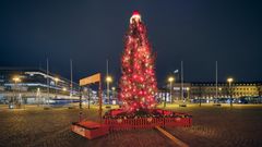 Coca-Colan joulukuusessa on Joulurekan kaltainen valoloisto. Sitä koristaa runsaat 500 valoa. Kuva: Pasi Salminen / Coca-Cola.
