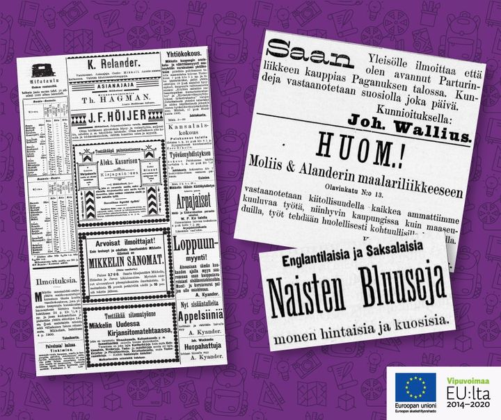 Kuva: Hanna-Leena Saarenmaa;
Lehtileikkeet: Mikkelin Sanomat, 24.04.1900, nro 47, s. 1
Savonlinna, 17.06.1898, nro 45, s. 4
digi.kansalliskirjasto.fi