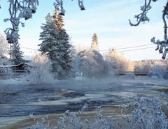 Om det inte har bildats ett istäcke på ån när det hastigt blir köldgrader, kan det underkylda vattnet bilda issörja och dämma upp forsar. Bilden är från Lankilankoski i Lappo å.