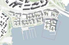 Conceptual drawing of Puotilanranta residental area. The area for the new island is marked with a red line. Illustration: City of Helsinki