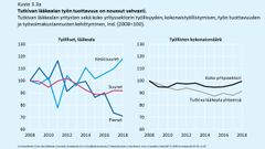 KUVIO 3.3a. Tutkivan lääkealan työn tuottavuus on noussut vahvasti. Aineistolähteet: Etlan lista lääkealan yrityksistä, Asiakastieto Oy:n tilinpäätöstietokanta ja Tilastokeskuksen yritysrekisteri.
Koko yrityssektori käsittää Tol-2008 toimialaluokat 05–82, pl. 68.