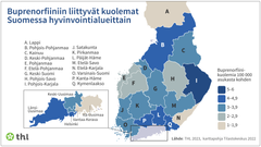 Kuva 1: Buprenorfiiniin liittyvät kuolemat vuositasolla Suomessa. Kuvassa on esitetty hyvinvointialueittain asukaslukuun suhteutettuna sellaisten vainajatapausten lukumäärä, joissa oikeuskemiallisissa tutkimuksissa todettiin buprenorfiinin väärinkäyttöä.