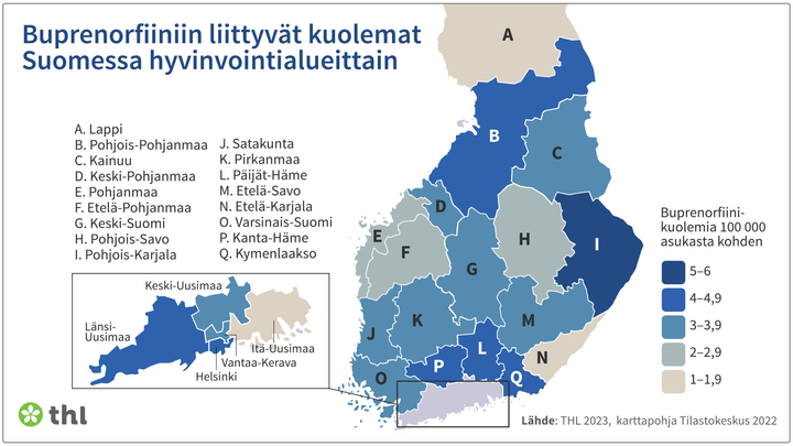 Kuva 1: Buprenorfiiniin liittyvät kuolemat vuositasolla Suomessa. Kuvassa on esitetty hyvinvointialueittain asukaslukuun suhteutettuna sellaisten vainajatapausten lukumäärä, joissa oikeuskemiallisissa tutkimuksissa todettiin buprenorfiinin väärinkäyttöä.