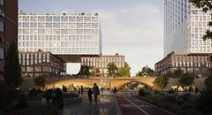 Visualisering av Train Factorys arkitekttävlingens vinnare A Roof for Helsinki. Bild: MASSLab Porto sekä AFRY & AFRY Ark Studio.