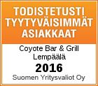 Coyote Bar & Grill on saanut Todistetusti tyytyväisimmät asiakkaat™ -sertifikaatin.