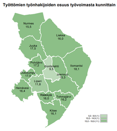 Työttömien työnhakijoiden osuus työvoimasta kunnittain, huhtikuu 2021.