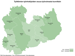 Kartalla työttömien työnhakijoiden osuus työvoimasta kunnittain Etelä-Savossa maaliskuun 2023 lopussa.