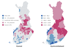 Kuva 1. Sairastavuusindeksi kunnissa ja hyvinvointialueilla ajanjaksolla 2017–2019. Vertailuluvut ovat ikävakioituja, mikä tarkoittaa, että alueiden erilaisten ikärakenteiden vaikutus tuloksiin on poistettu. (Koko Suomi = 100.)