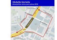 Korjattu opaskartta kiertoreitistä Herttoniemessä. Kiertoreitti menee Työnjohtajankadun kautta idän suuntaan ajettaessa.