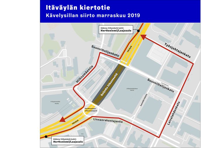 Korjattu opaskartta kiertoreitistä Herttoniemessä. Kiertoreitti menee Työnjohtajankadun kautta idän suuntaan ajettaessa.