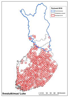 Pentuehavaintojen perusteella vuonna 2016 arvioidaan havaitun noin 433–469 pentuetta. Lähde: Ilveksen kanta-arviolausunto 2017.