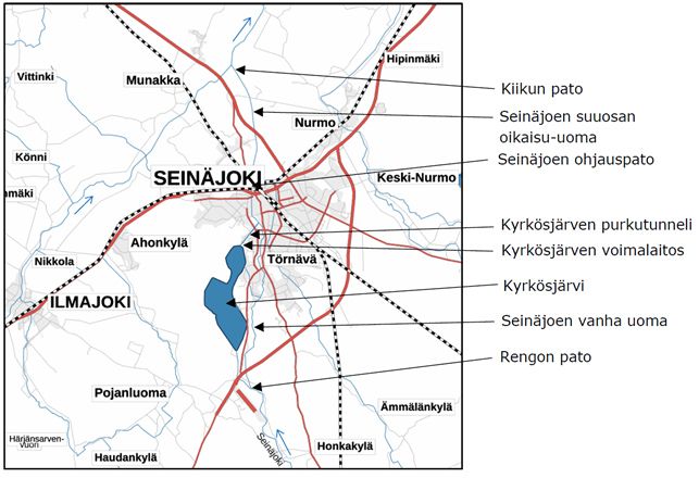 Karttakuva Rengon ja Kiikun patojen sijainnista Seinäjoen ja Kyrkösjärven alueella.