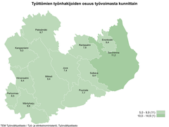 Kartalla työttömien työnhakijoiden osuus työvoimasta kunnittain Etelä-Savossa huhtikuun 2023 lopussa.