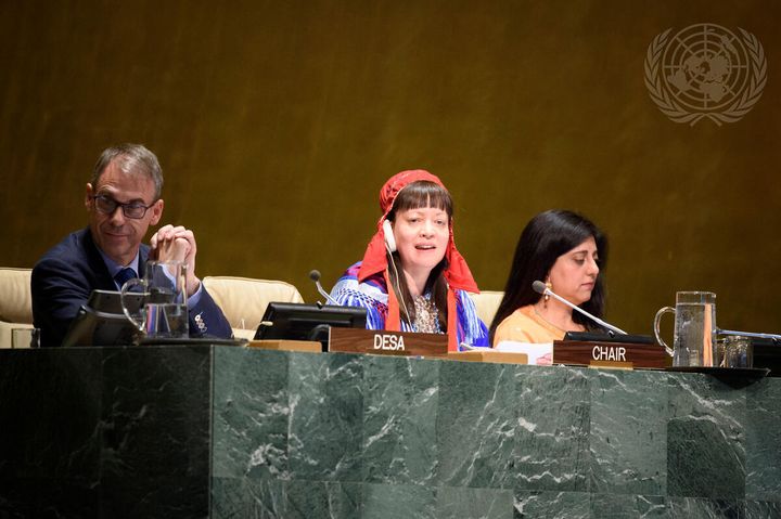 Anne Nuorgam johtamassa YK:n alkuperäiskansojen pysyvän foorumin kokousta New Yorkissa 2019. Kuva: UN Photo/Loey Felipe