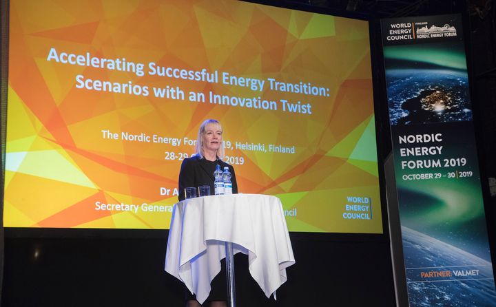 Dr Angela Wilkinson, the next Secretary General of the World Energy Council presented scenarios of the future of energy at the Nordic Eergy Forum 2019 in Helsinki. Photo Mauri Ratilainen