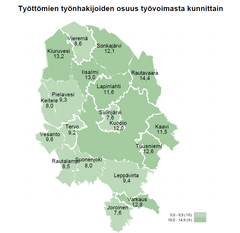 Työttömien työnhakijoiden osuus työvoimasta kunnittain Pohjois-Savossa.