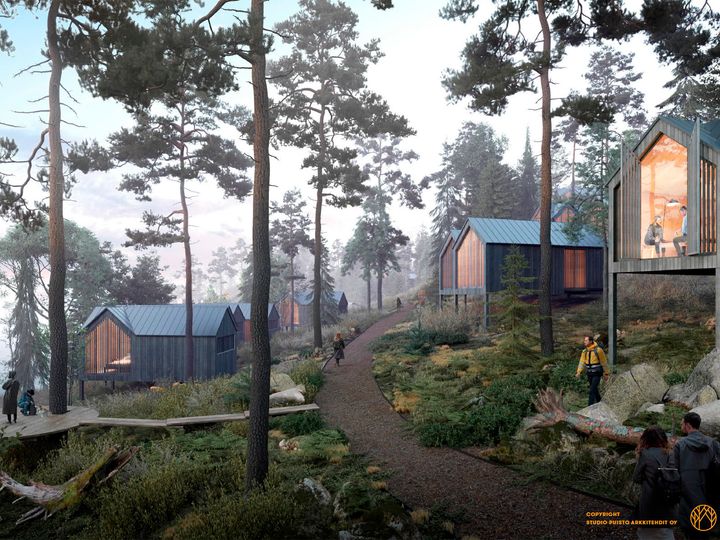 Havainnekuva Kuninkaansaaren mökeistä. Kuva: Studio Puisto Arkkitehdit.