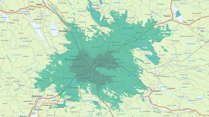 Kuvassa vaaleampi vihreä väri kuvaa normaalia 4G-/5G-peruspeittoa, ja tummempi vihreä erityisen nopeaa, 3,5 GHz:n taajuudella toimivaa 5G-verkkoa.
