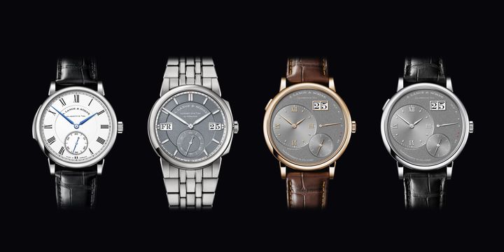 A. Lange & Söhne novelties to be presented at the trade fair, from left to right: RICHARD LANGE MINUTE REPEATER, ODYSSEUS and GRAND LANGE 1 with two case variations. credit: Lange Uhren GmbH.
