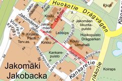 Jakomäen keskustan katutyöalueet näkyvät kartassa punaisella. Kartta: Helsingin kaupungin opaskartta.