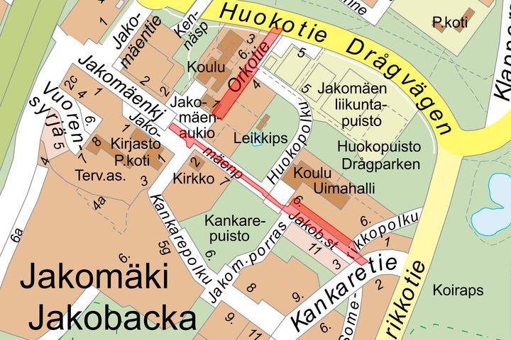 Jakomäen keskustan katutyöalueet näkyvät kartassa punaisella. Kartta: Helsingin kaupungin opaskartta.