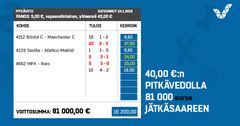 Voittopelissä oli kussakin kolmesta ottelusta kaksi tulosvaihtoehtoa. Kaikissa tapauksissa isompikertoiminen osui.