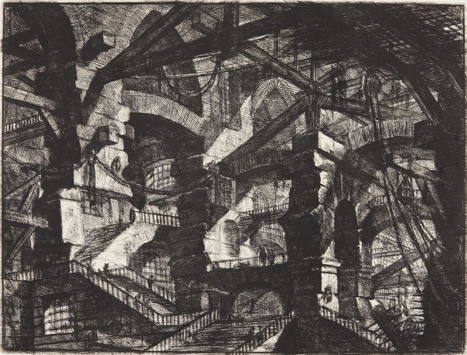 Giovanni Battista Piranesi, Complex groups of interrelated ruined arches supporting beams and ropes, c. 1750, National Gallery of Denmark SMK