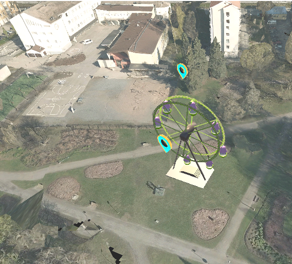 Oppilasryhmän piirtämä maailmanpyörä virtuaalimaailmaan sijoitettuina. (Kuva: Citizens as Pilots of Smart Cities -hanke/Tampereen yliopisto).