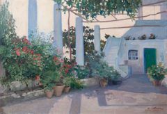 Werner von Hausen: Terrass utanför ett hus på Capri, 1929, olja på duk, limmad på papp, 50 x 70 cm. Privatsamling. Foto: Matias Uusikylä / Signe och Ane Gyllenbergs stiftelse.