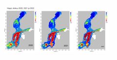 Kuva 1: Avomeren pohjan happitilanne Etelä-Itämereltä Perämerelle elokuussa 2020, 2021 ja 2022. © SYKE Data: SYKE ja SMHI