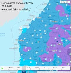 Karttakuva lumikuormatilanteesta Etelä-Pohjanmaan ELY-keskuksen alueella 28.2.2022 vesi.fi:n karttapalvelun mukaan (www.vesi.fi/karttapalvelu)