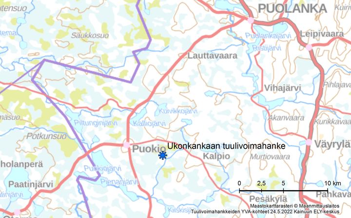 Ukonkankaan tuulivoimahankkeen sijoittuminen kartalla.