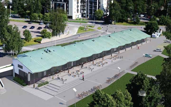 Alvar Aallon suunnitteleman ostoskeskuksen arkkitehtuurille ovat leimallisia valkoiset, rapatut seinät ja kuparikatto. Havainnekuva: Arkkitehdit Q4 Oy