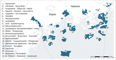 Espoon ja Helsingin paikallisesti merkittävät meriluontoalueet. © Karttakuva: Louise Forsblom / SYKE. Aineistot: SYKE, Metsähallitus, Maanmittauslaitos.