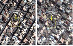 Ennen ja jälkeen -kuvat Abu Salimista. Vasemmalla oleva kuva on otettu 13. huhtikuuta ja oikealla oleva 17. huhtikuuta. Kuvista huomaa, että alue on vahingoittunut tai tuhoutunut kokonaan.