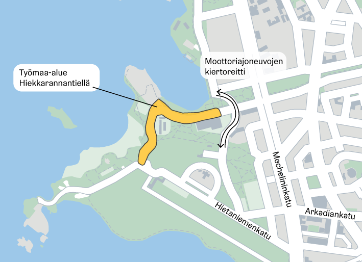 Byggarbetsplatsen för gatuentreprenaden på Sandstrandsvägen och omvägen för motorfordon. Bild: Helsingfors stad