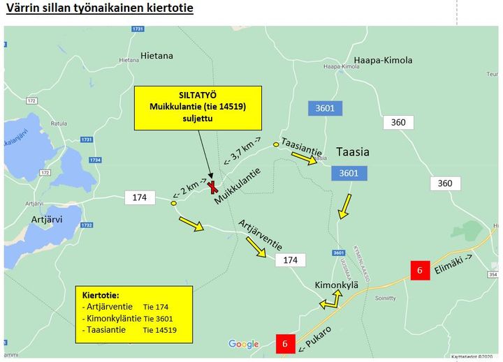 Kuvassa Värrin siltatyön kiertoreitti Orimattilassa.