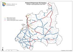 Kartta talvi- ja pimeän ajan nopeusrajoituksista talvikaudella 2022-23
Pohjois-Pohjanmaan ja Kainuun maanteillä.
