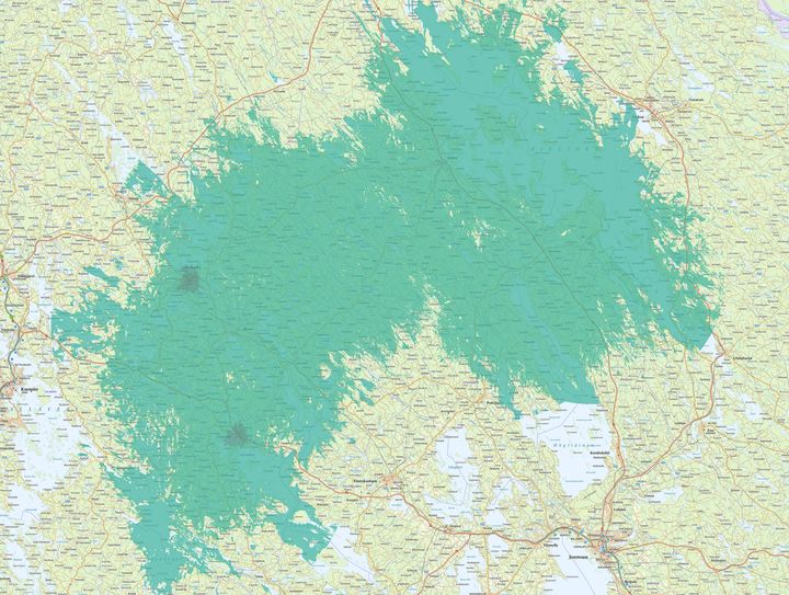 Kuvassa vaaleampi vihreä väri kuvaa normaalia 4G-/5G-peruspeittoa, ja tummempi vihreä erityisen nopeaa, 3,5 GHz:n taajuudella toimivaa 5G-verkkoa.