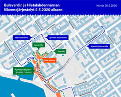 Kartta. Reitit Bulevardin ja Hietalahdenrannan risteyksessä.