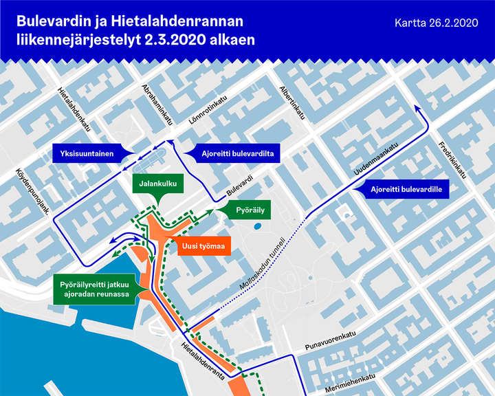 Kartta. Reitit Bulevardin ja Hietalahdenrannan risteyksessä.