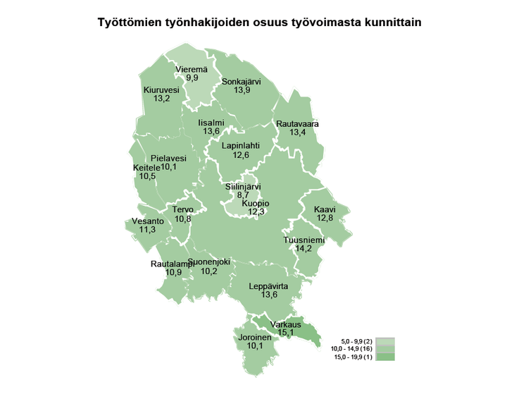 Työttömien työnhakijoiden osuus työvoimasta kunnittain Pohjois-Savossa.