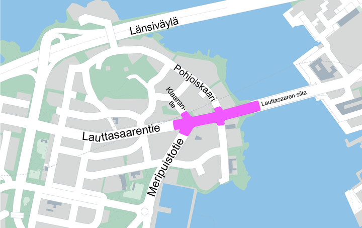 Karttakuvaan on merkitty violetilla värillä urakka-alue suuntaa-antavasti.