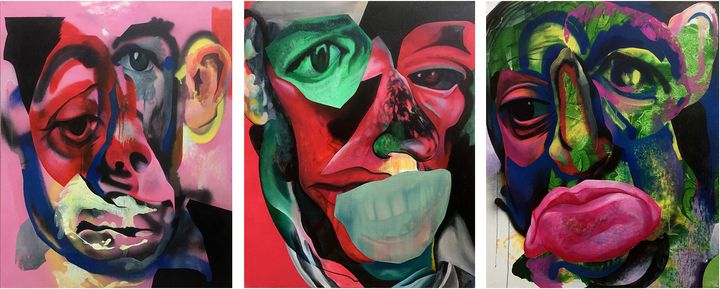 Juha Okon kolme teosta vasemmalta oikealle: Defeatist Melancholy, Childhood of the Joker ja Sad Angie. Kaikki ovat akryyliväreillä kankaalle, kooltaan 130x105 cm ja 2018 valmistuneet.