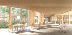 Näkymä ravintolasaliin ja metsäaukiolle, Fors Blomqvist Architects
