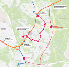 Runkolinjan 550 ja linjan 52 reittimuutokset 13.12.2021 alkaen. Kuva: HSL.